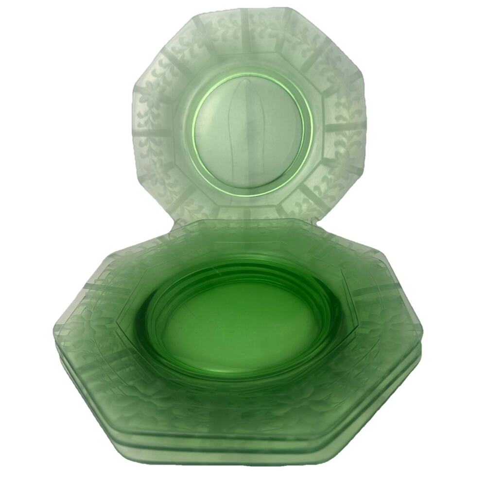 Imperial Glass Molly Uranium Depression Glass Plates, UV Reactive Glass Set Of 4